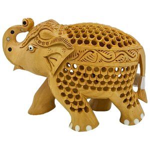 Handcrafted Wooden Big Jaali Carved Elephant (6inch)